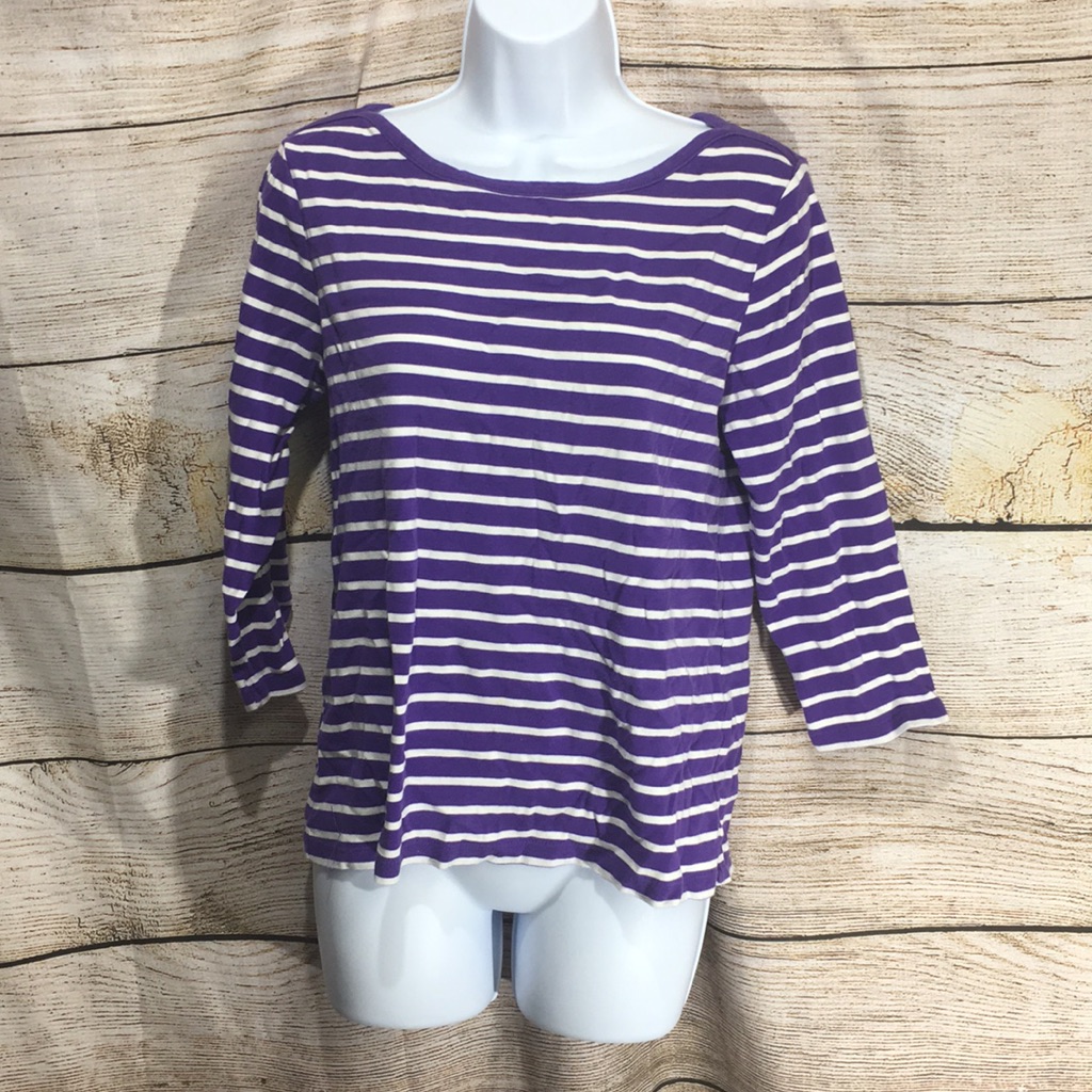 Chico's Size 1 Purple White Striped 3/4 Length Tee
